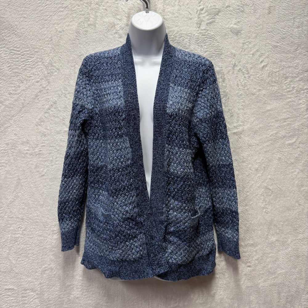 L.L.Bean Cardigan Sweater Open Front Womens Large Petite Blue Basketweave 299931